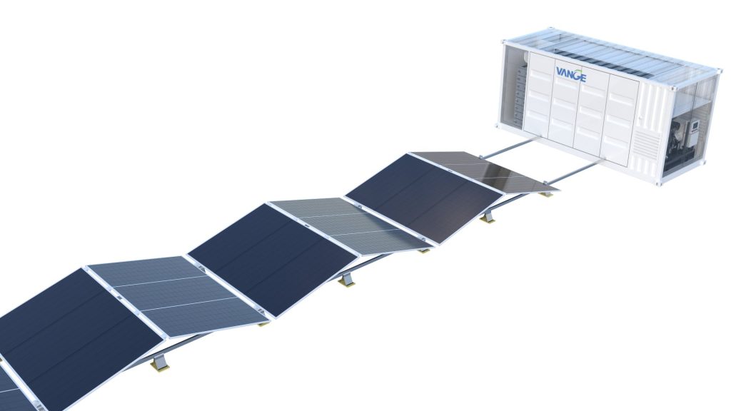 PORTA All-in-One hybrid microgrid container with foldable solar array deployed in wave pattern at remote industrial site