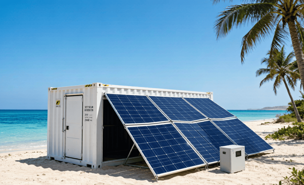 PORTA foldable solar container deployed on an island beach