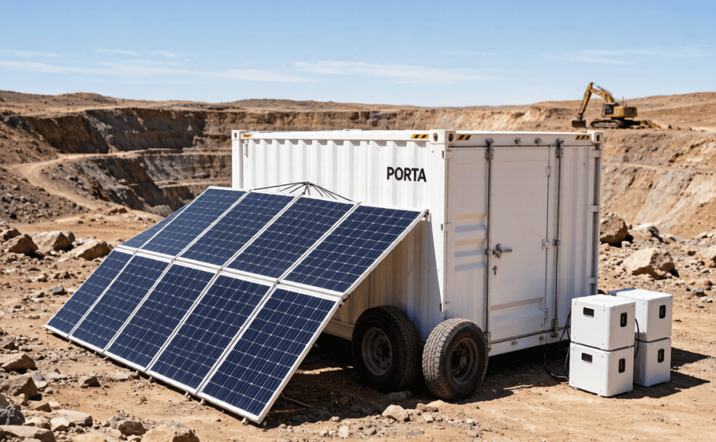 PORTA foldable solar container with wave-pattern panels deployed at a gold mining site in desert terrain