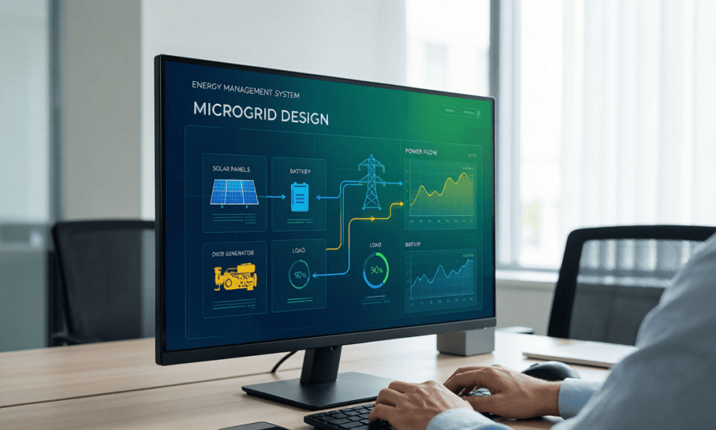 Engineer using microgrid energy system design dashboard on computer monitor