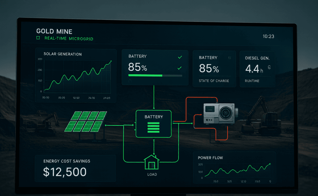 Energy management system dashboard showing real-time gold mine microgrid performance data and power flow