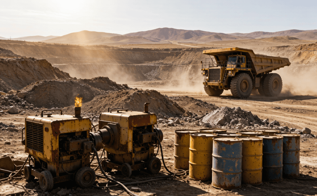 Remote gold mine site with diesel generators and fuel storage barrels showing the high cost of off-grid mining power