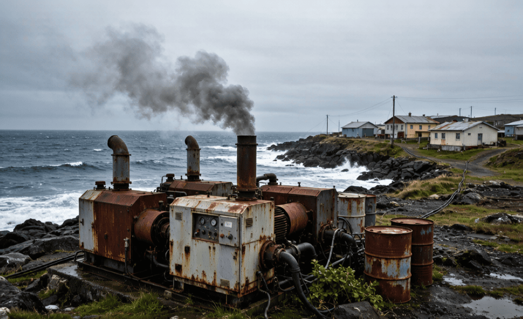 Old rusty diesel generators and fuel barrels on a remote island