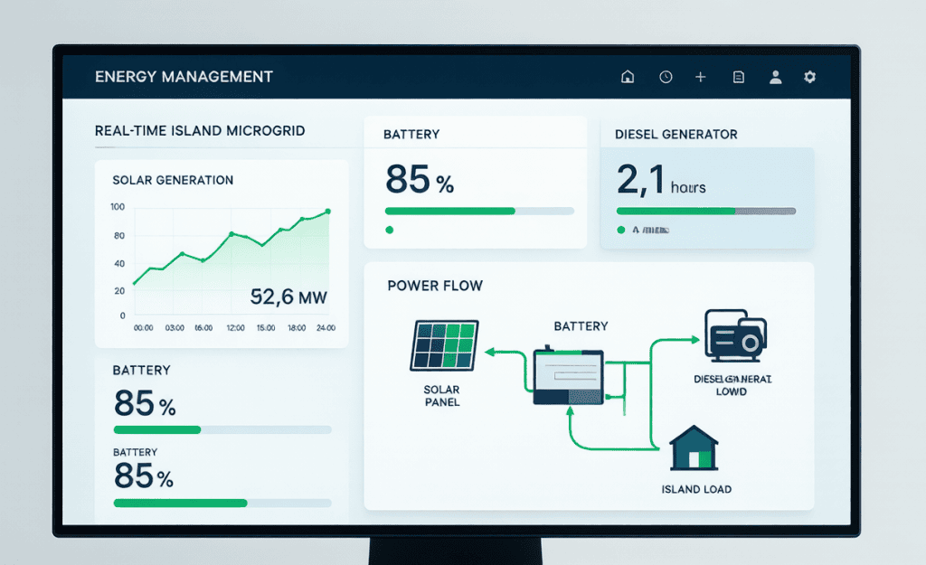 Energy management system dashboard showing island microgrid real-time data