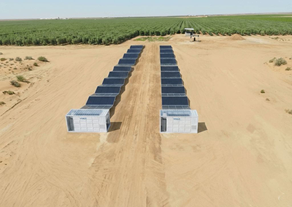 Two PORTA foldable solar containers deployed for remote agriculture irrigation and desert farming power supply.