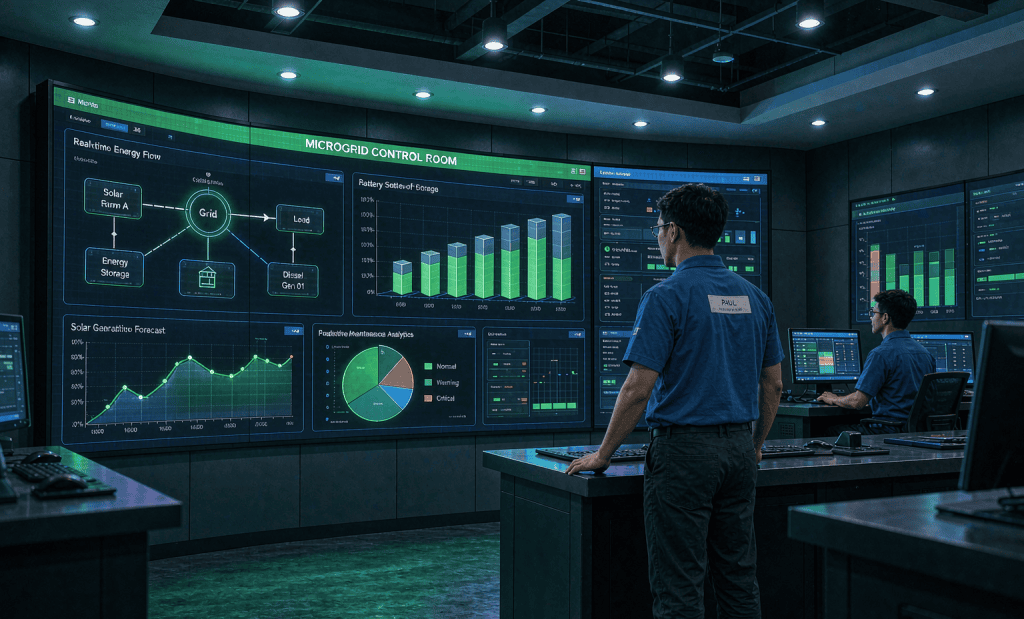 AI-driven microgrid energy management control room with EMS dashboards
