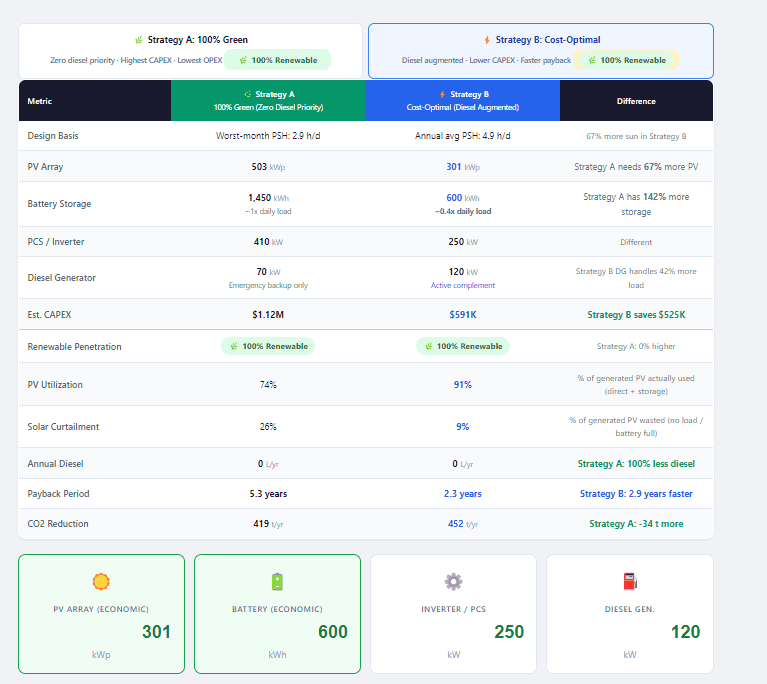 Dual strategy comparison table showing 100% Green vs Cost-Optimal results