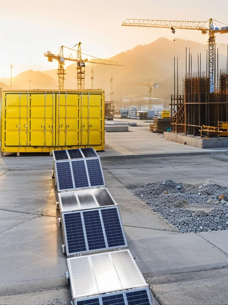 PORTA foldable solar container deployed at a construction site with tower cranes in background