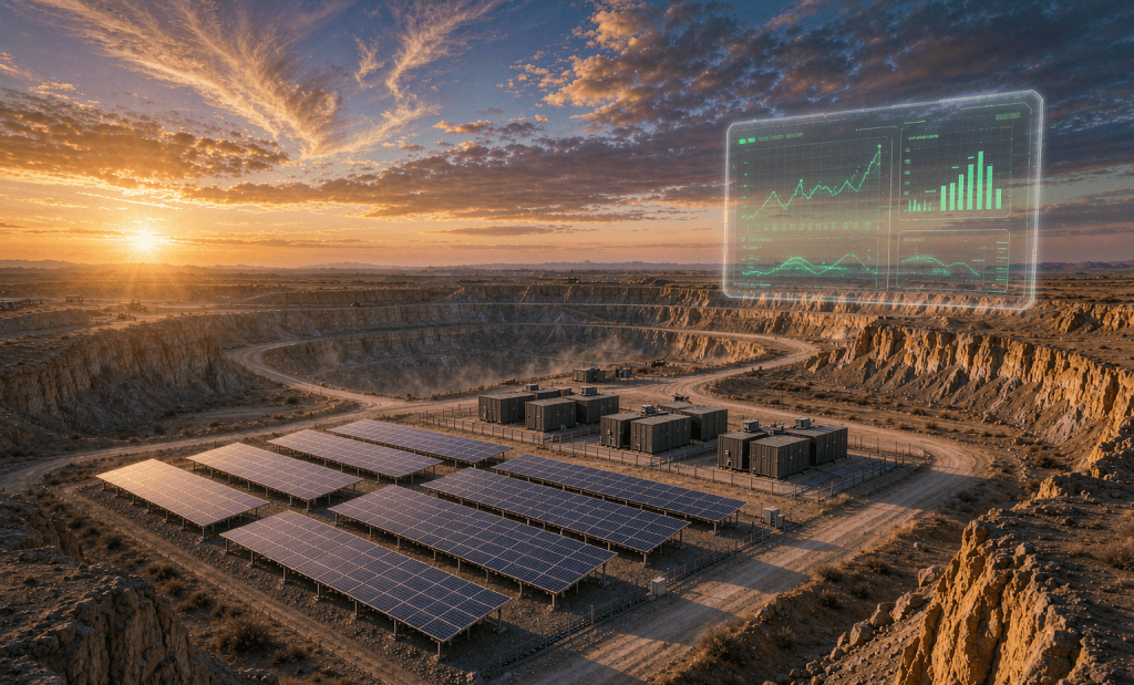Remote mine site with solar arrays, containerized battery storage and an EMS dashboard overlay