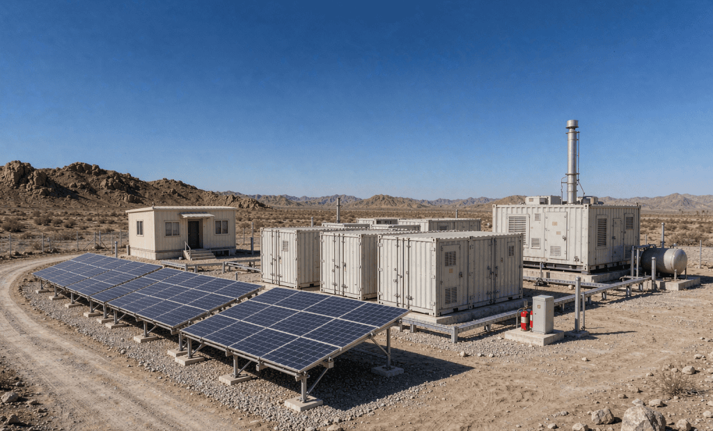 Off-grid hybrid microgrid site: solar arrays, battery containers, diesel genset and control cabin
