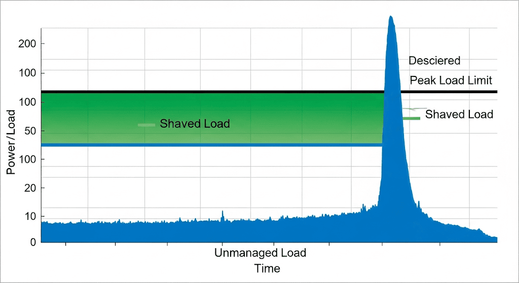 Peak shaving diagram illustrating how battery storage absorbs high inrush current spikes (blue), allowing the diesel generator to operate at a steady, lower capacity (green)