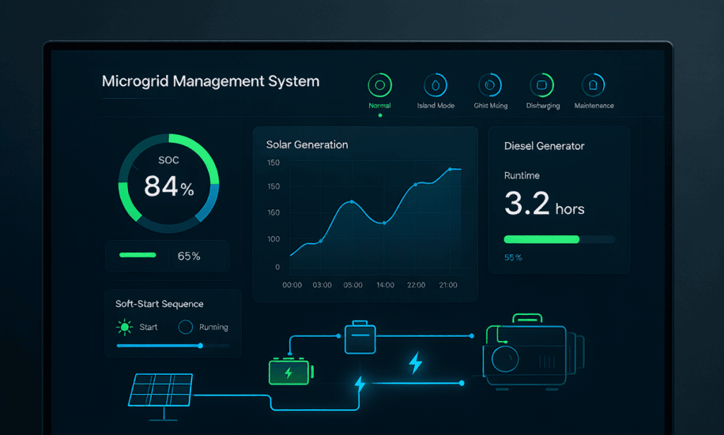 PORTA EMS dashboard showing soft-start/soft-stop sequence, SOC hysteresis, 6 operation modes