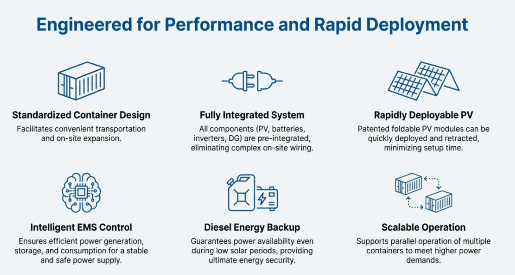 Diagram of hybrid power system integrating PV, battery, and diesel generator