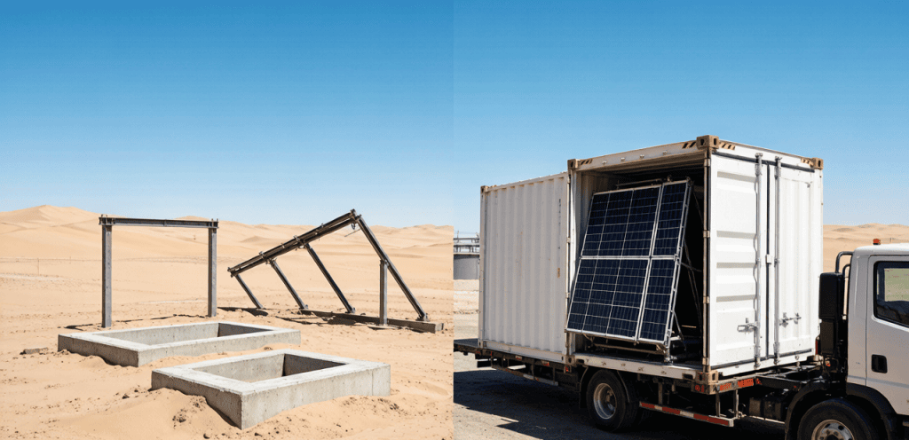 Comparison showing abandoned fixed solar foundations versus a foldable solar container ready for transport