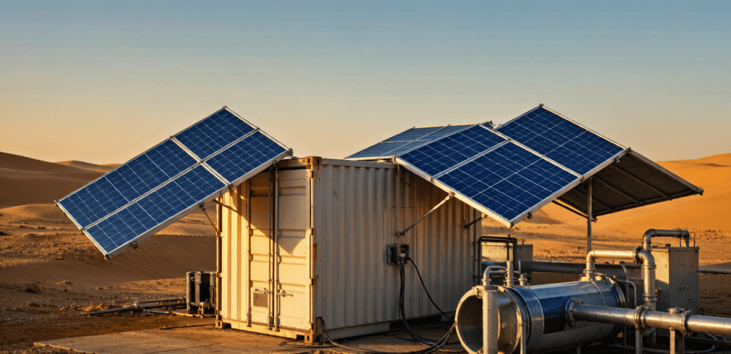 VANGE ALL IN ONE foldable solar container deployed at a remote water treatment station in Saudi Arabia