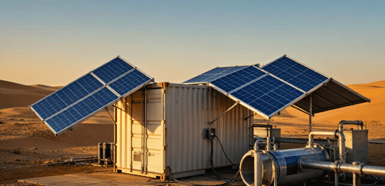 VANGE ALL IN ONE foldable solar container deployed at a remote water treatment station in Saudi Arabia