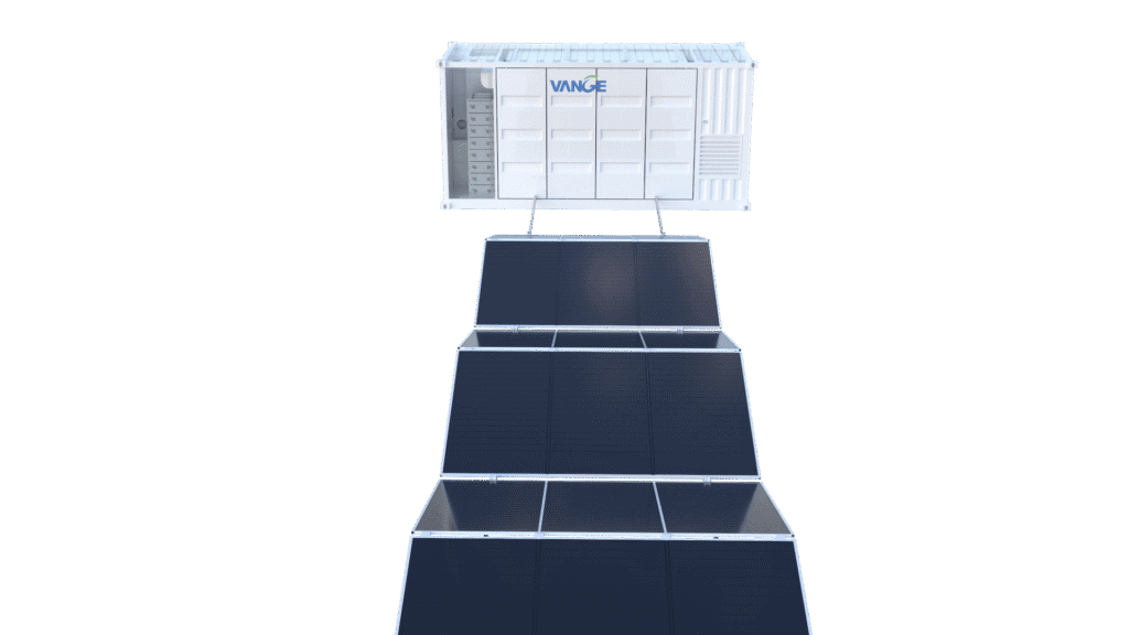 Illustration of foldable solar panels fitting into standard ISO container