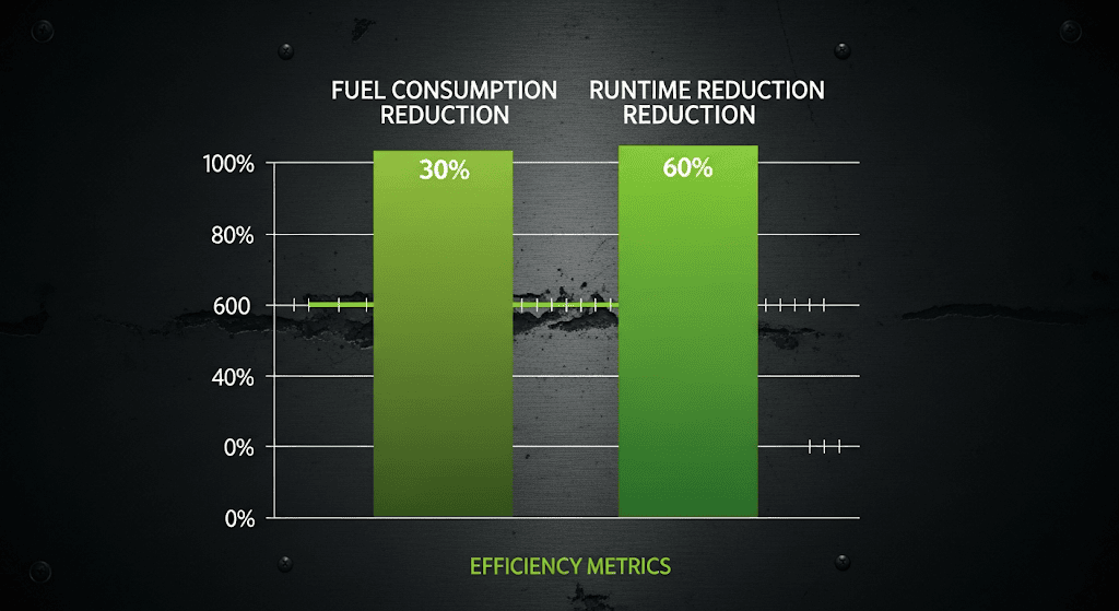 Chart showing 30% fuel reduction and 60% runtime cut using solar-diesel hybrid system.