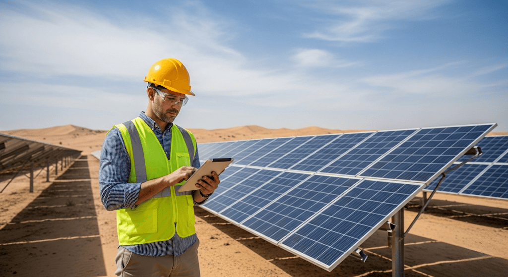 Digital interface showing data visualization for off-grid solar yield calculation and preliminary project estimation tools.