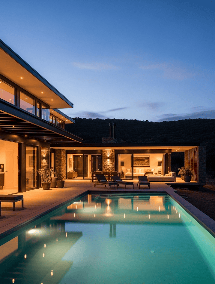 Small mobile microgrid BESS powering an off-grid villa at night with zero noise.