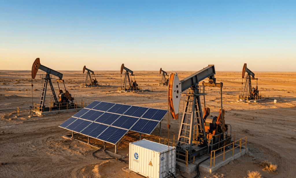 Oil pump jacks powered by solar panels and containerized battery storage in Saudi desert