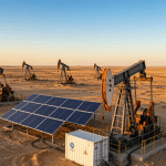 Oil pump jacks powered by solar panels and containerized battery storage in Saudi desert
