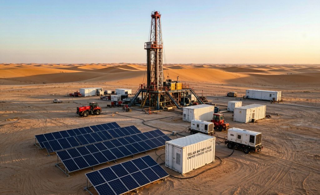 Aerial view of a Saudi Arabian desert oil drilling rig site with containerized solar battery energy storage system and foldable solar panel arrays providing clean power, with diesel generators idle as backup.