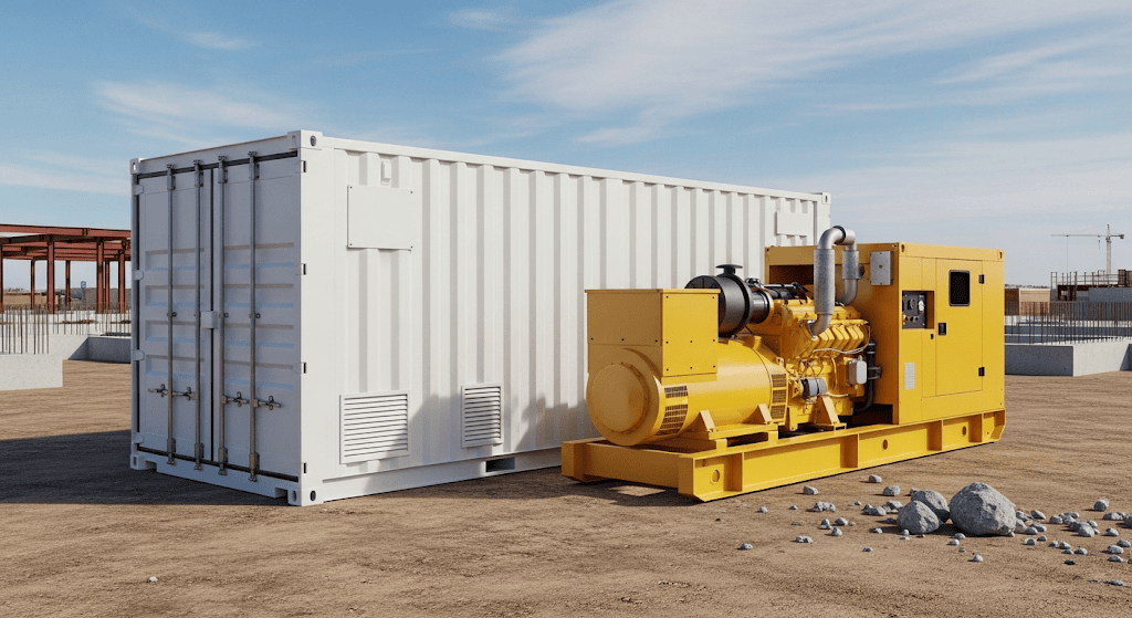 "Hybrid Battery Energy Storage System (BESS) paired with diesel generator for tower crane power supply.
