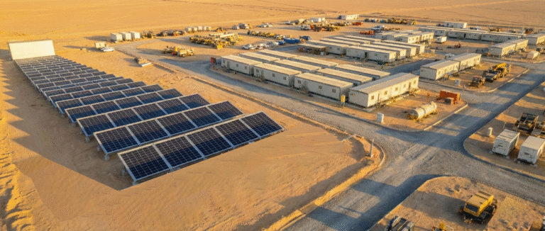 Large-scale off-grid solar microgrid system powering a remote mining camp and worker accommodation in the desert.