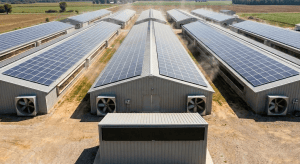 Aerial view of solar photovoltaic panels installed on the roofs of commercial broiler houses under bright midday sun, generating renewable energy to offset peak daytime cooling loads