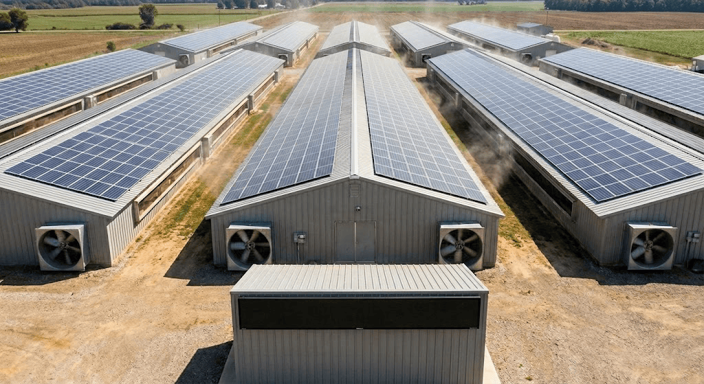Aerial view of solar photovoltaic panels installed on the roofs of commercial broiler houses under bright midday sun, generating renewable energy to offset peak daytime cooling loads