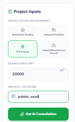 User interface for selecting solar installation type (rooftop or ground) and entering available area in square meters for preliminary project sizing.