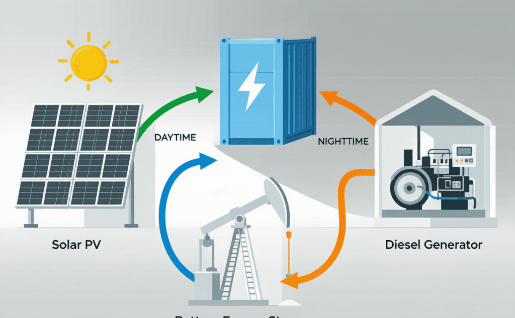 Solar-Storage-Diesel hybrid microgrid system diagram for oil pump jacks
