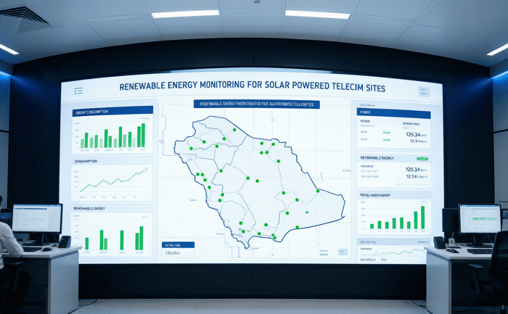 NOC dashboard monitoring solar-powered telecom tower sites across Saudi Arabia