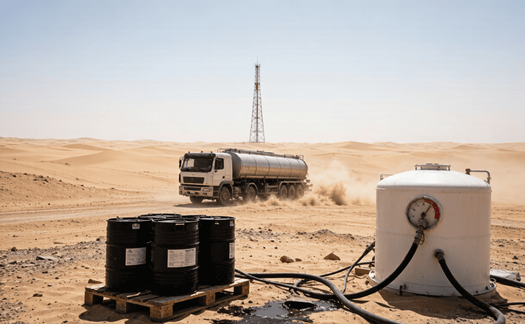 Fuel tanker truck and diesel drums at remote telecom tower in Saudi desert