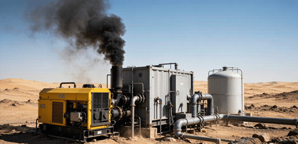 A mobile RO water treatment station running on a diesel generator in the Saudi desert, showing the high fuel cost problem